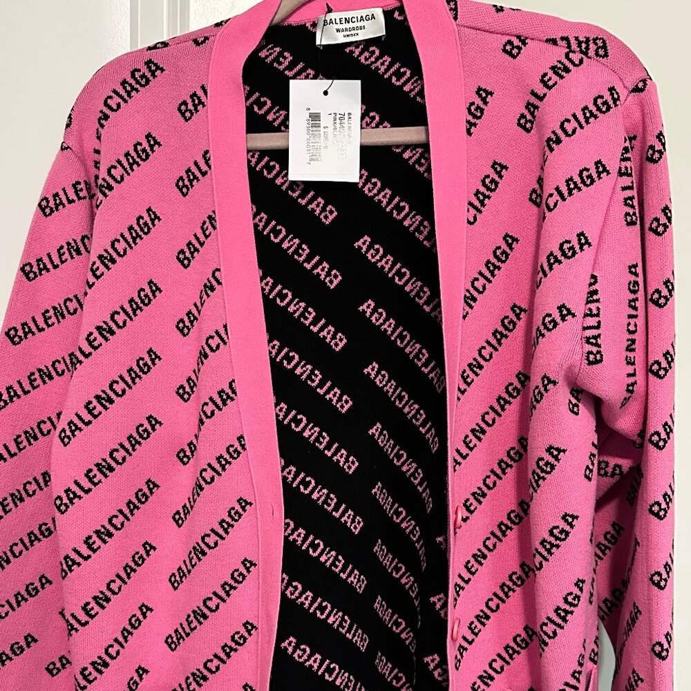 Balenciaga All Over Logo Cardigan, Pink/Black (SIZE L)